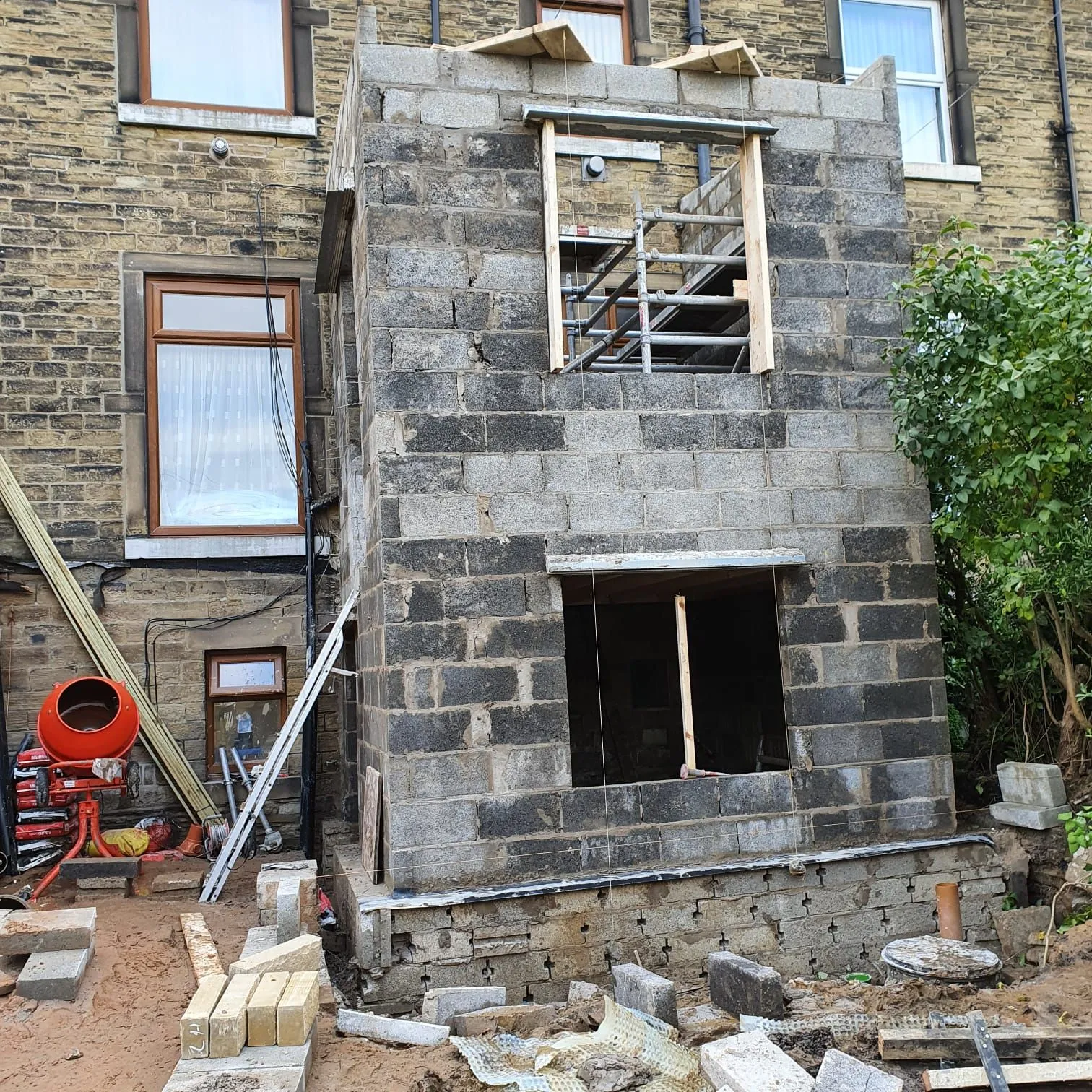 Blockwork shell of a two-storey extension, Sheffield